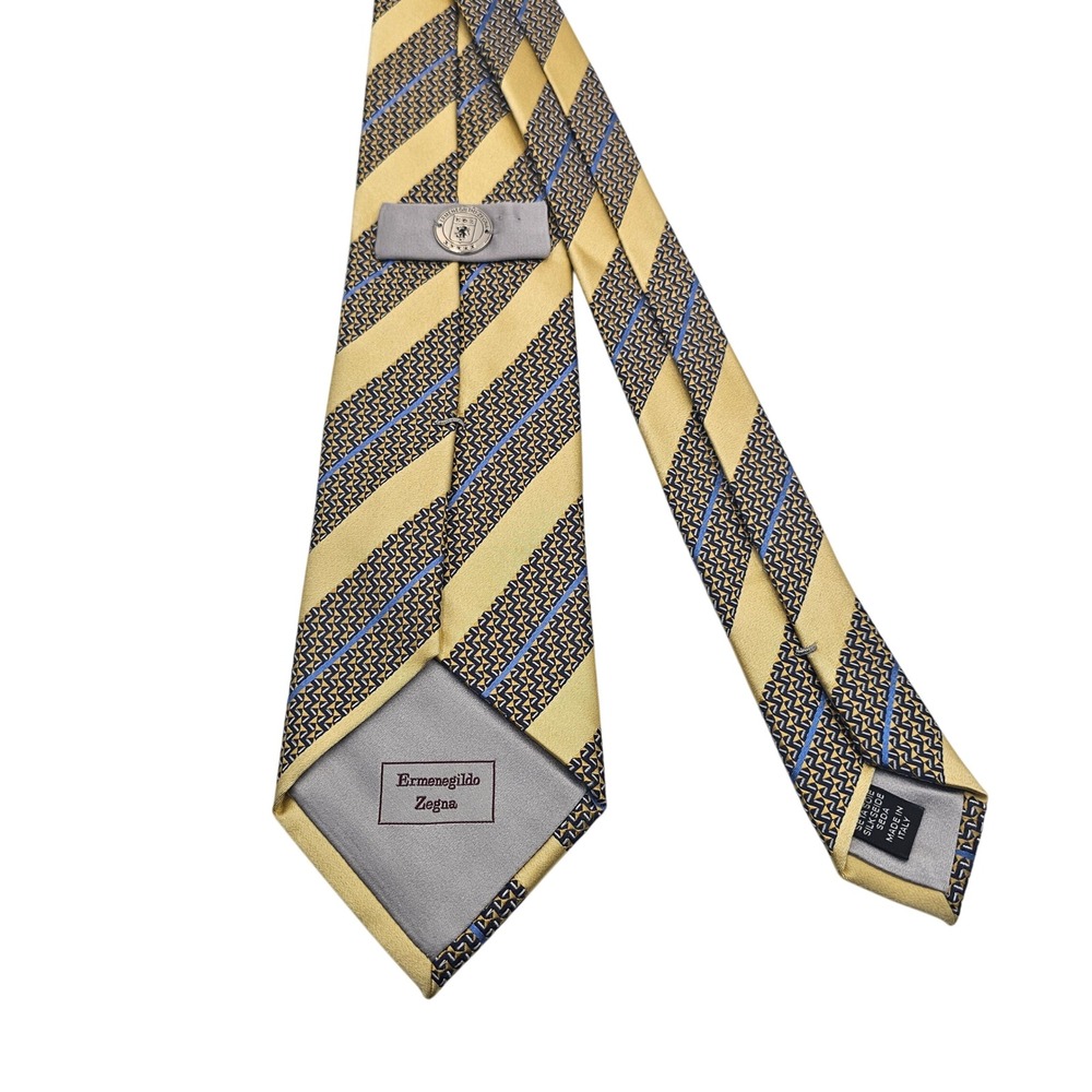 Ermenegildo Zegna Silver‎ Tie Gold Navy Geometric Stripe Silk Italy Medallion